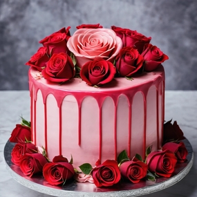 红色玫瑰花粉色奶油蛋糕摄影图片